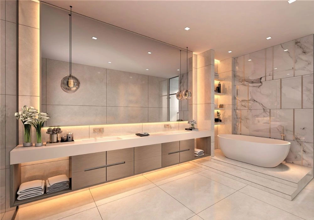 Decorative bathroom wall tiling and marble panels.