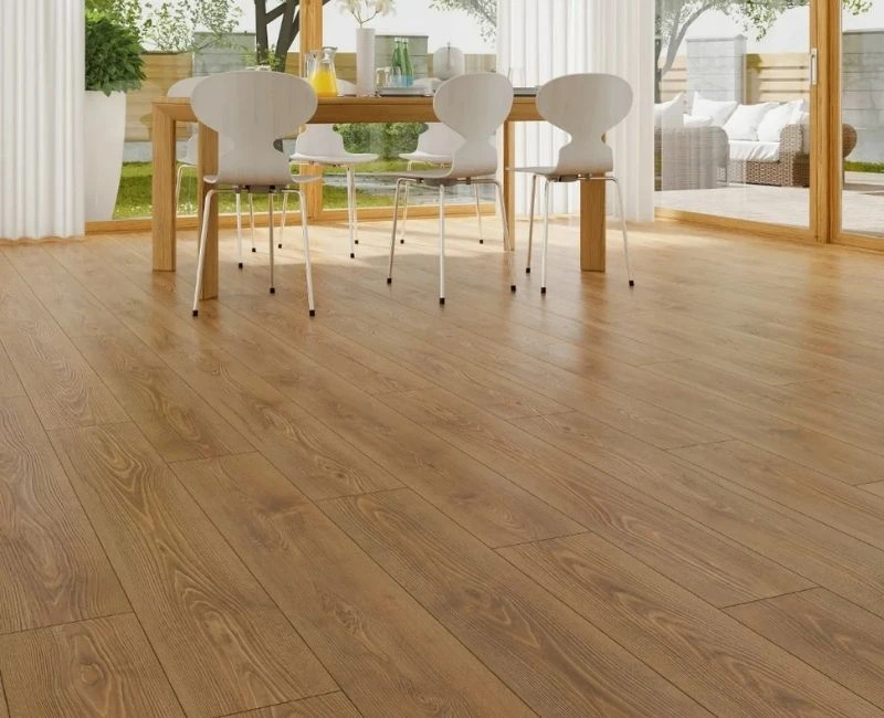 Brown wood floor for modern dining room.