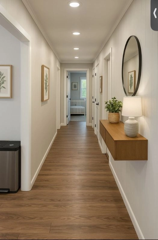 Luxury wood grain flooring for modern hallway.