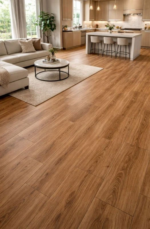 Luxury wood grain flooring for modern open kitchen.