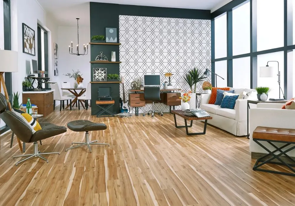 High gloss laminate flooring for bedroom decor.