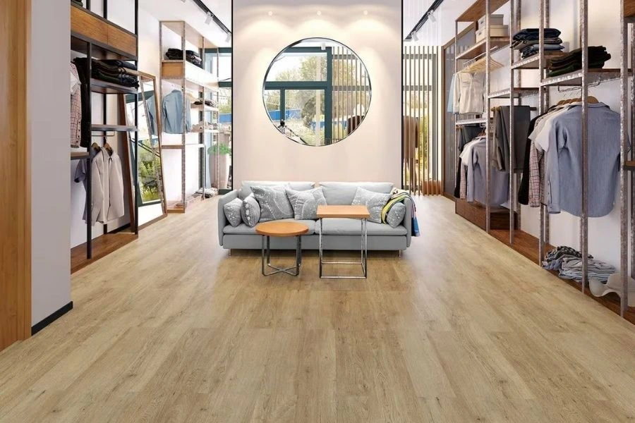 Light wood floor for modern clothing store.