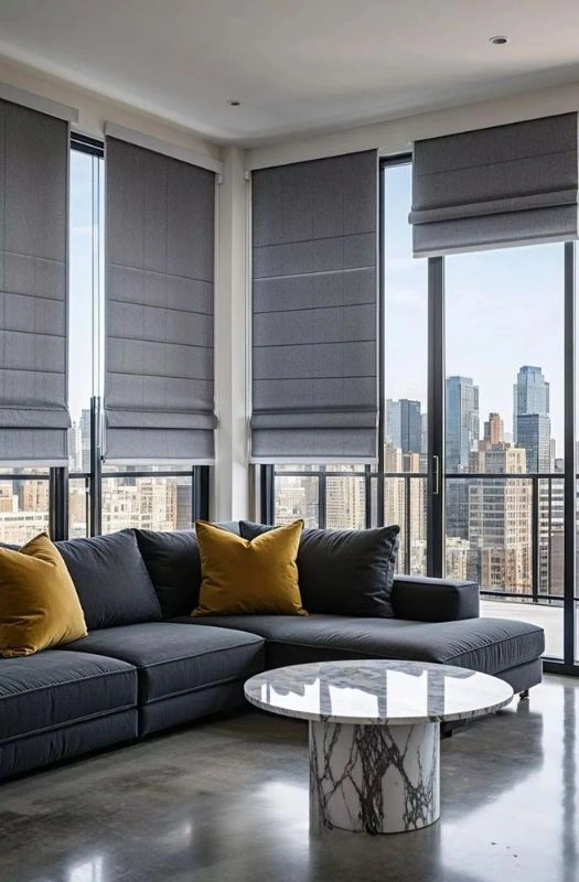 Modern grey roman blinds for Dubai living room.