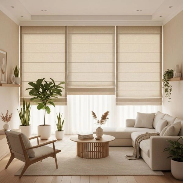 Elegant living room window blinds in Dubai villa.