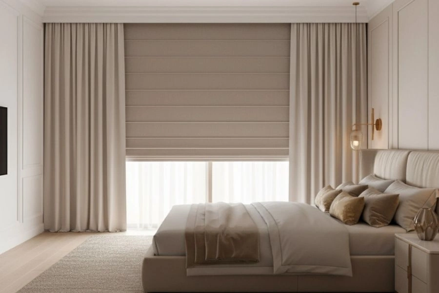 Modern grey roman blinds for Dubai living room.