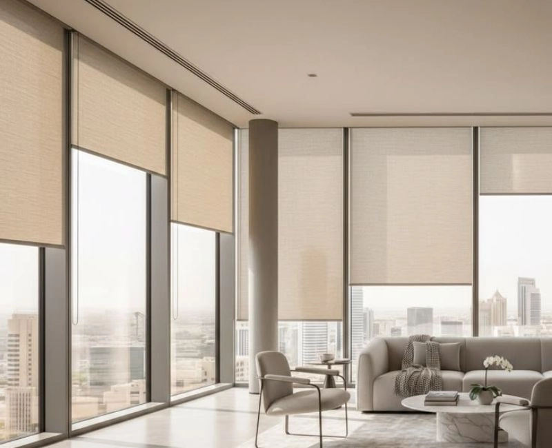 Beige roller blinds for large Dubai apartment windows.