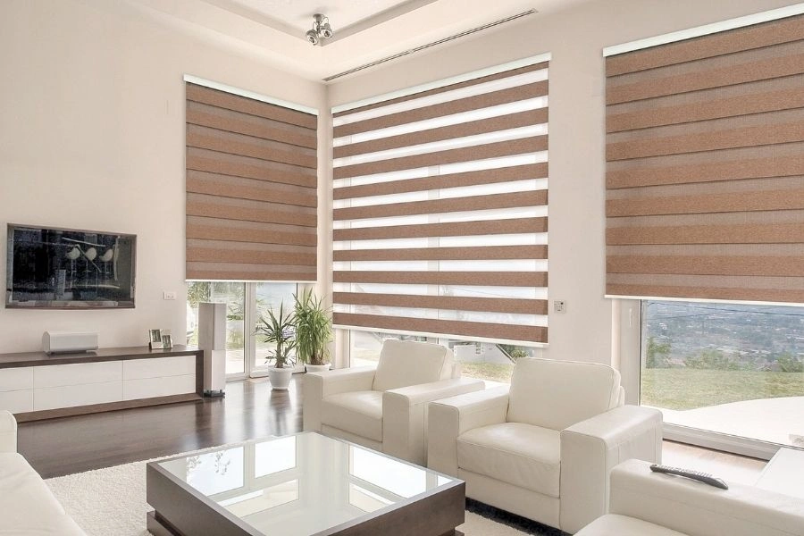 Modern zebra blinds for stylish Dubai living room.