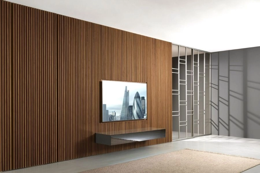 Modern TV Wall Wood Cladding In Dubai.